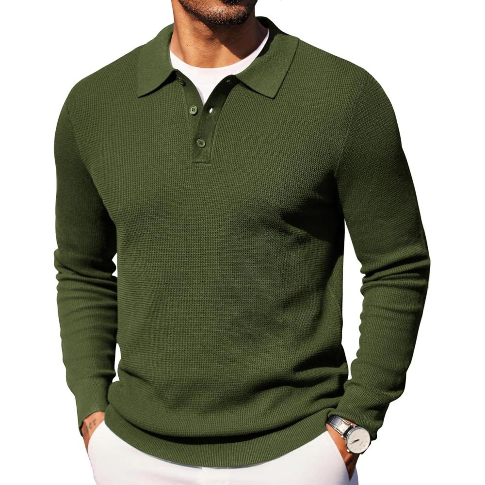 imageCOOFANDY Mens Knit Polo Long Sleeve Sweaters Collared Polo Sweater Casual Dress Pullover Fashion Golf SweatersArmy Green