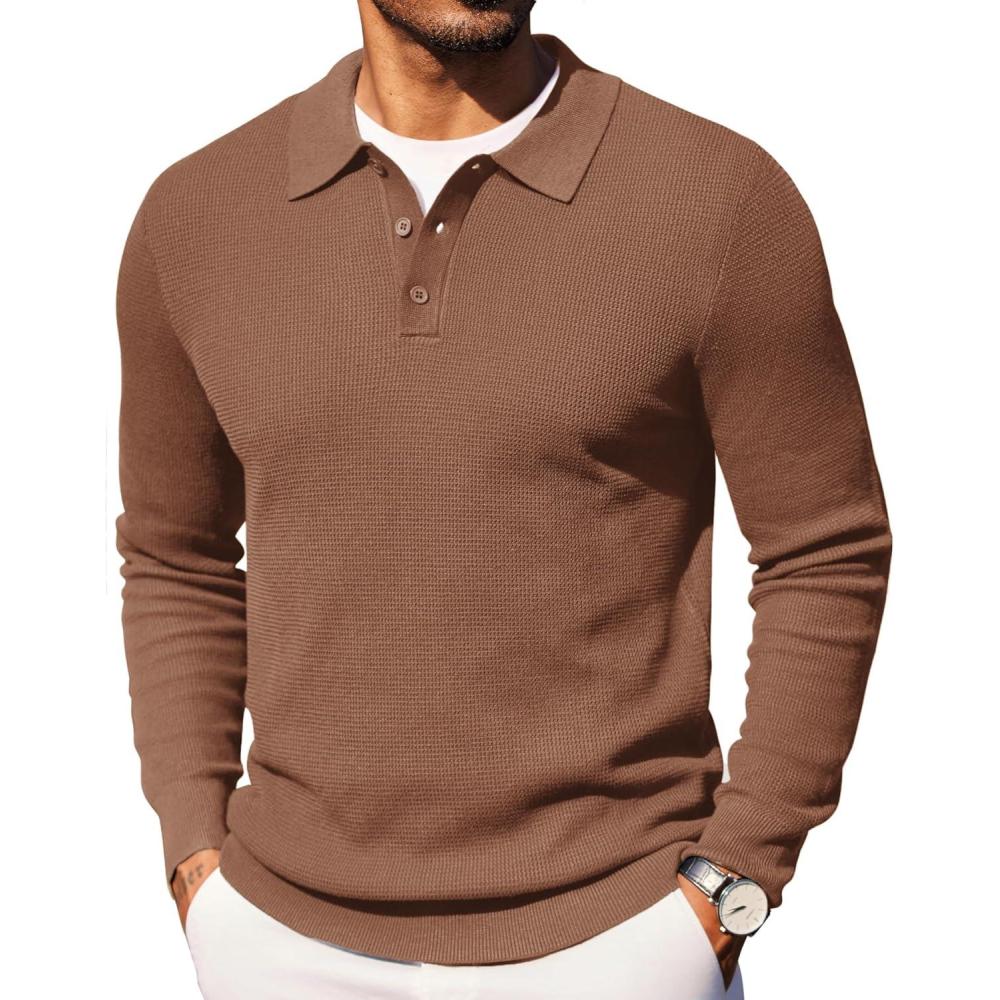 imageCOOFANDY Mens Knit Polo Long Sleeve Sweaters Collared Polo Sweater Casual Dress Pullover Fashion Golf SweatersAsh Brown
