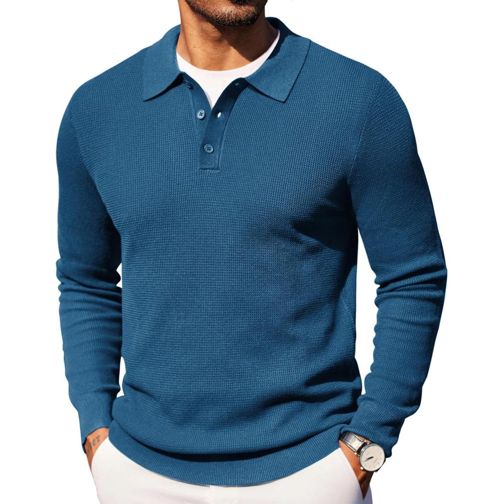 imageCOOFANDY Mens Knit Polo Long Sleeve Sweaters Collared Polo Sweater Casual Dress Pullover Fashion Golf SweatersDeep Blue