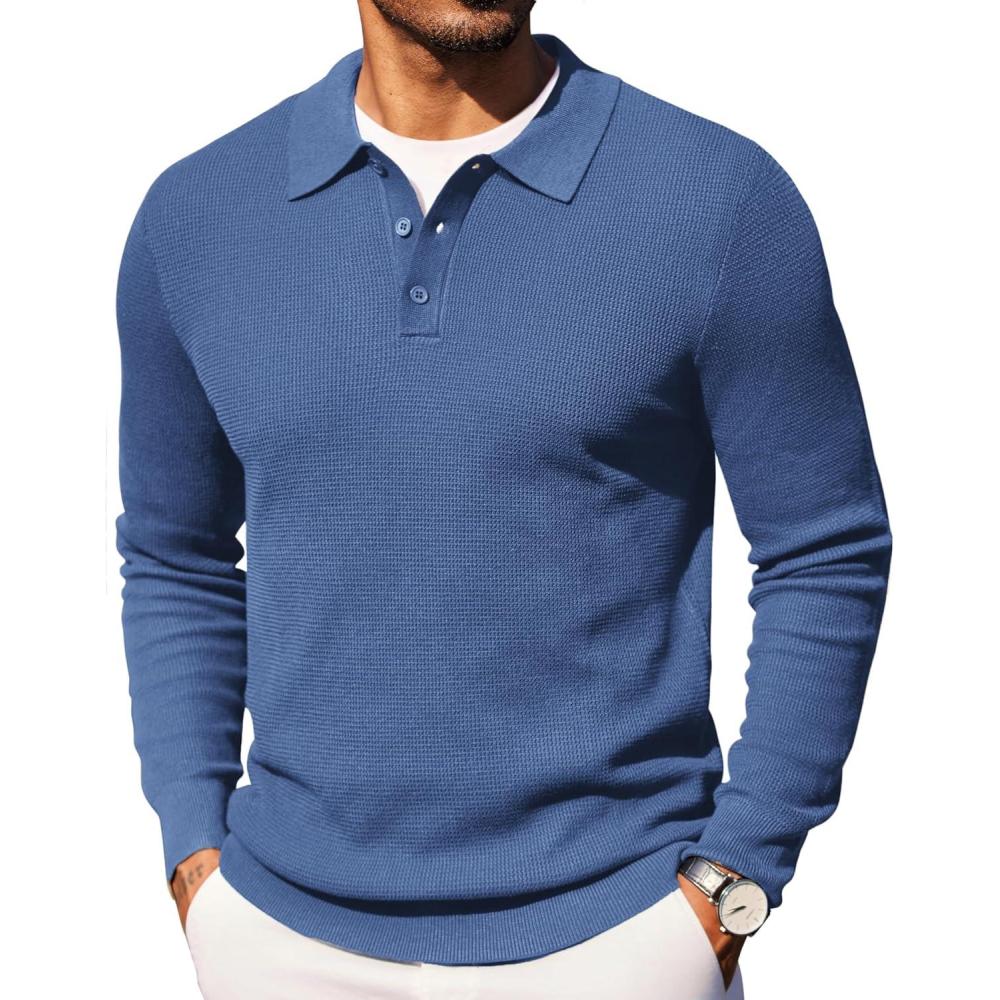 imageCOOFANDY Mens Knit Polo Long Sleeve Sweaters Collared Polo Sweater Casual Dress Pullover Fashion Golf SweatersGrey Blue