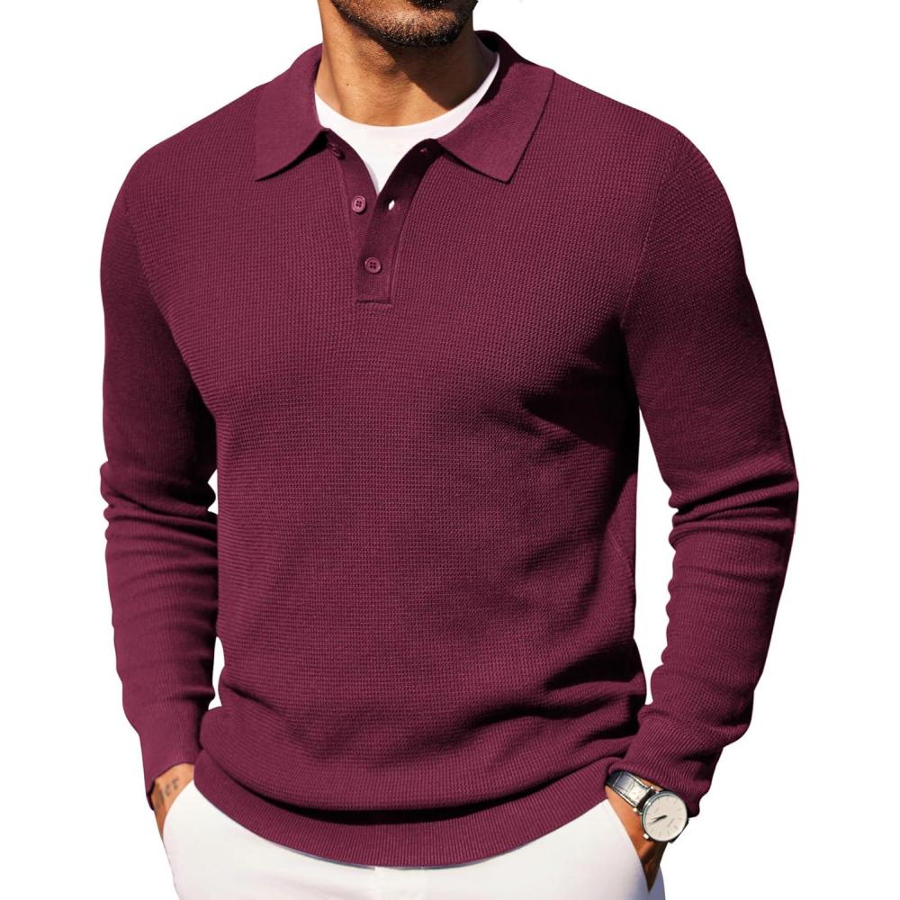 imageCOOFANDY Mens Knit Polo Long Sleeve Sweaters Collared Polo Sweater Casual Dress Pullover Fashion Golf SweatersWine Red