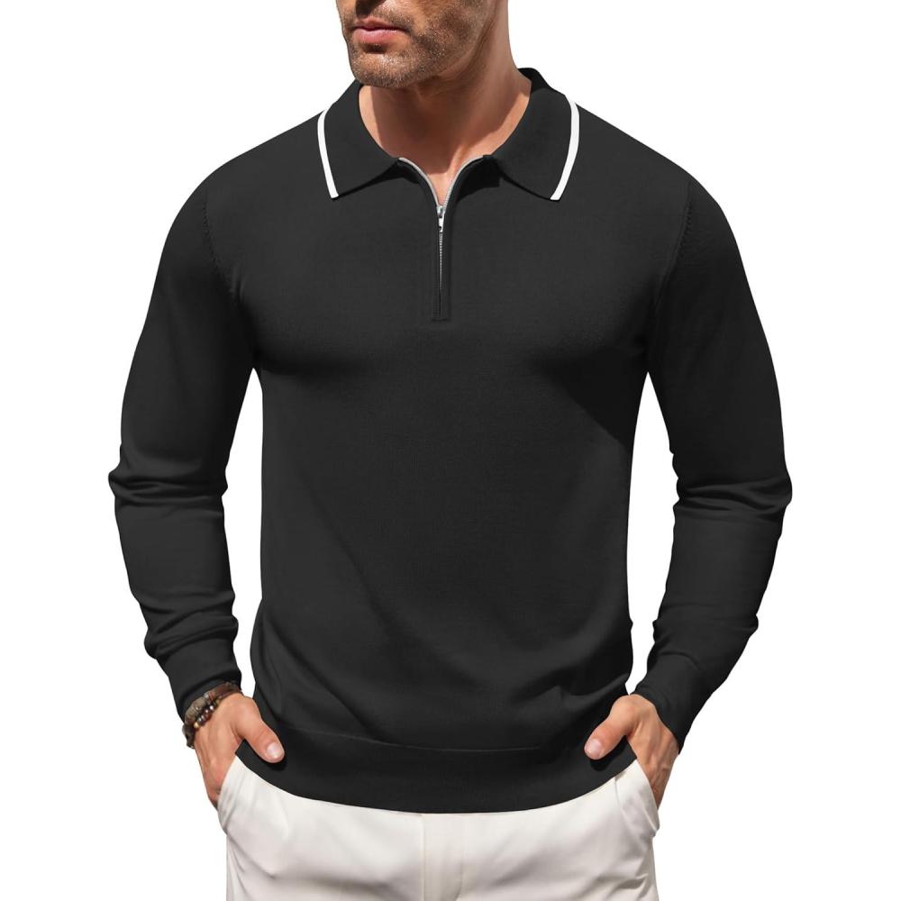 imageCOOFANDY Mens Knit Polo Shirt Long Sleeve Quarter Zip Polo Sweater Casual Golf Shirts Vintage Striped Collar PoloAll Black