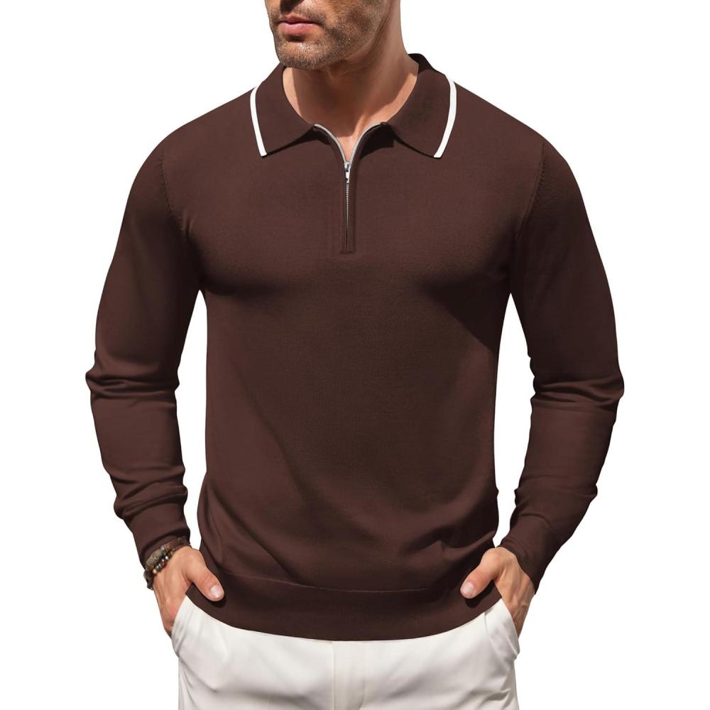 imageCOOFANDY Mens Knit Polo Shirt Long Sleeve Quarter Zip Polo Sweater Casual Golf Shirts Vintage Striped Collar PoloBrown
