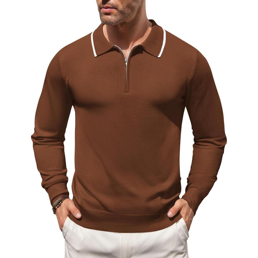 imageCOOFANDY Mens Knit Polo Shirt Long Sleeve Quarter Zip Polo Sweater Casual Golf Shirts Vintage Striped Collar PoloCaramel