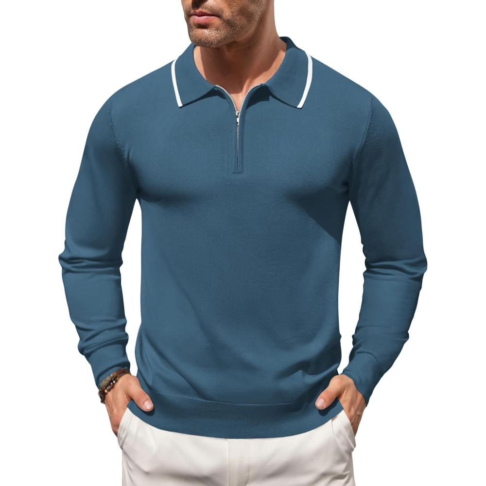 imageCOOFANDY Mens Knit Polo Shirt Long Sleeve Quarter Zip Polo Sweater Casual Golf Shirts Vintage Striped Collar PoloDark Blue
