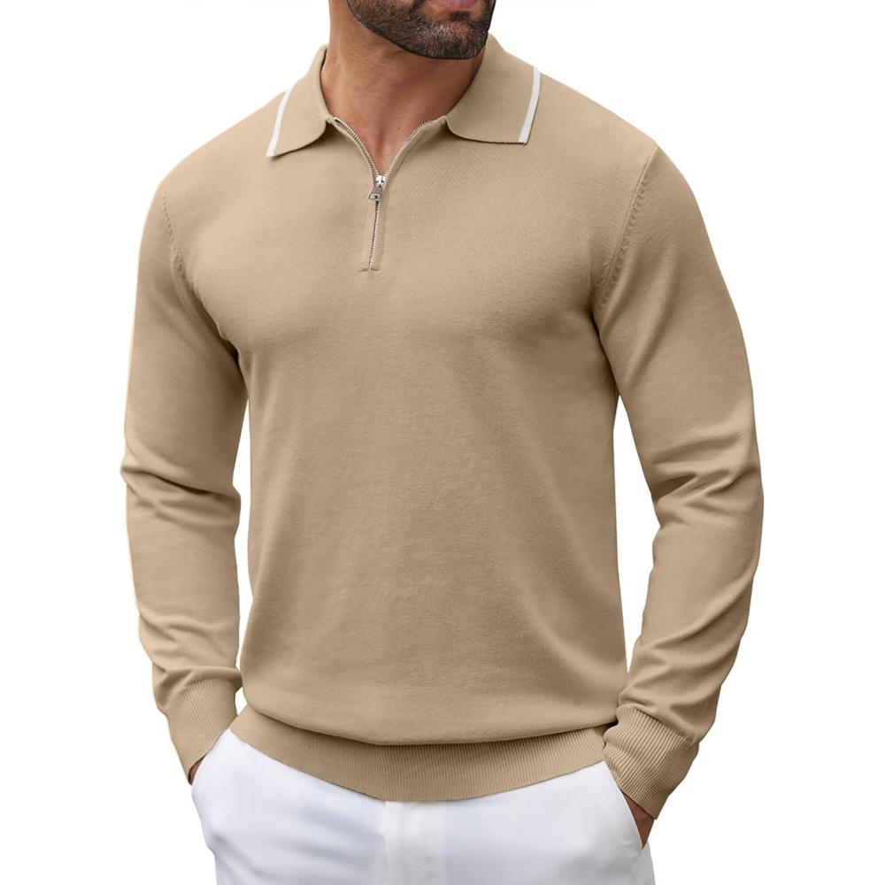 imageCOOFANDY Mens Knit Polo Shirt Long Sleeve Quarter Zip Polo Sweater Casual Golf Shirts Vintage Striped Collar PoloKhaki