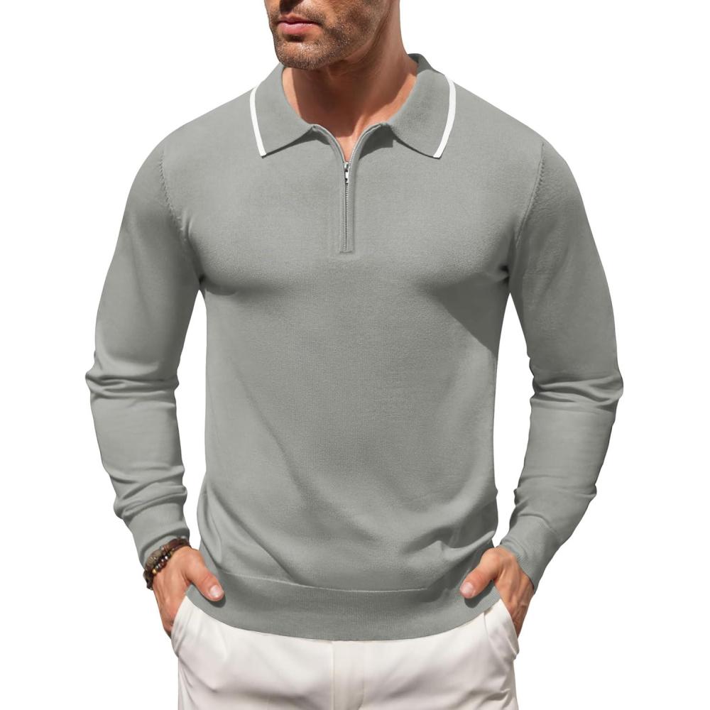 imageCOOFANDY Mens Knit Polo Shirt Long Sleeve Quarter Zip Polo Sweater Casual Golf Shirts Vintage Striped Collar PoloLight Grey