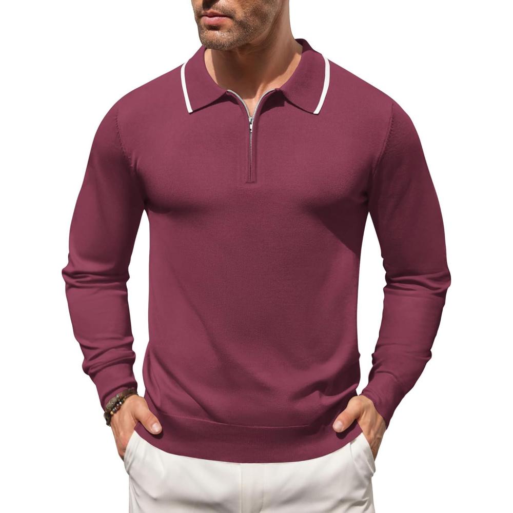 imageCOOFANDY Mens Knit Polo Shirt Long Sleeve Quarter Zip Polo Sweater Casual Golf Shirts Vintage Striped Collar PoloWine Red