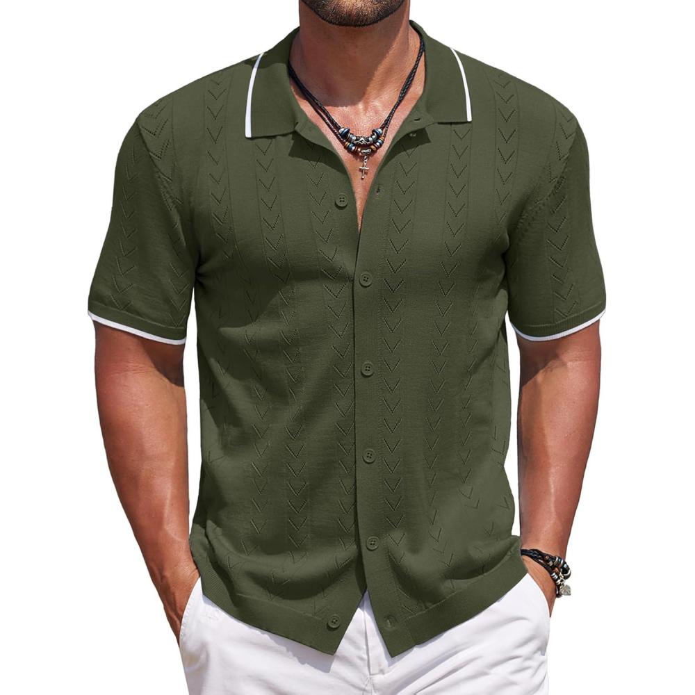 imageCOOFANDY Mens Knit Polo Shirts Button Down Short Sleeve Shirt Summer Casual Beach Vacation TopsArmy Green