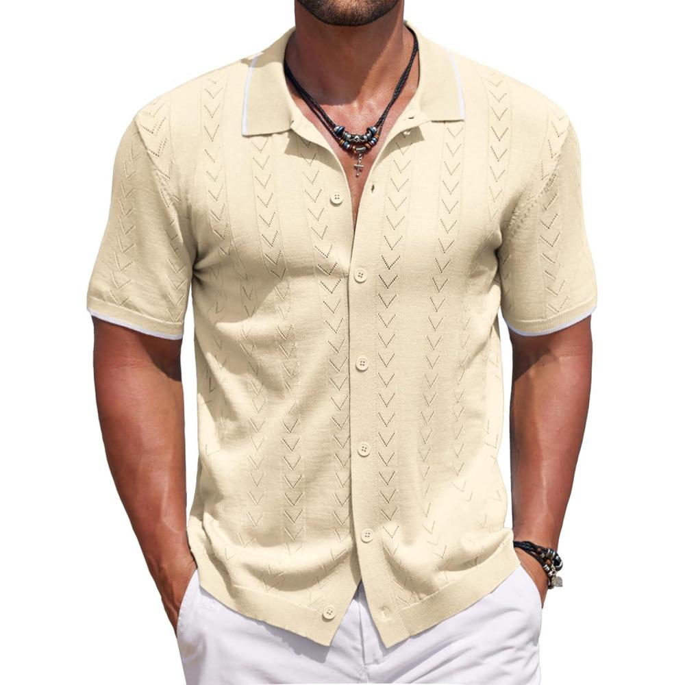 imageCOOFANDY Mens Knit Polo Shirts Button Down Short Sleeve Shirt Summer Casual Beach Vacation TopsCream