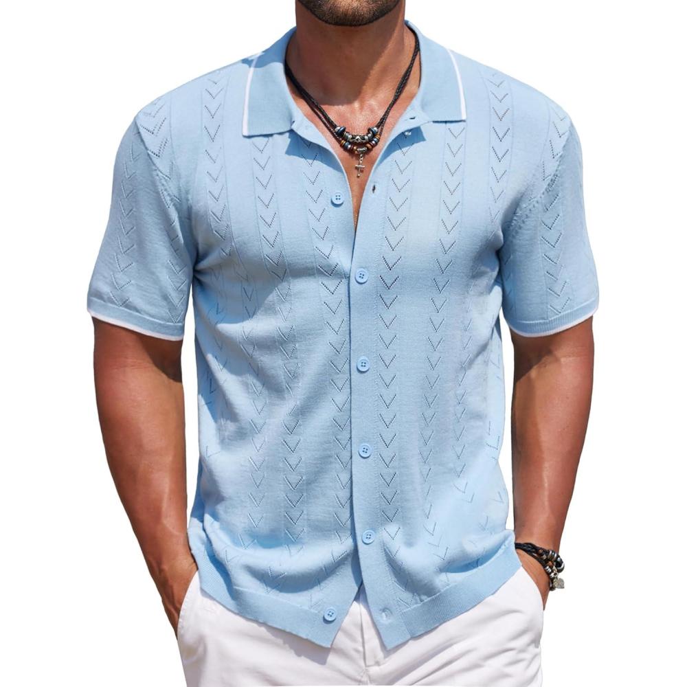 imageCOOFANDY Mens Knit Polo Shirts Button Down Short Sleeve Shirt Summer Casual Beach Vacation TopsLight Blue