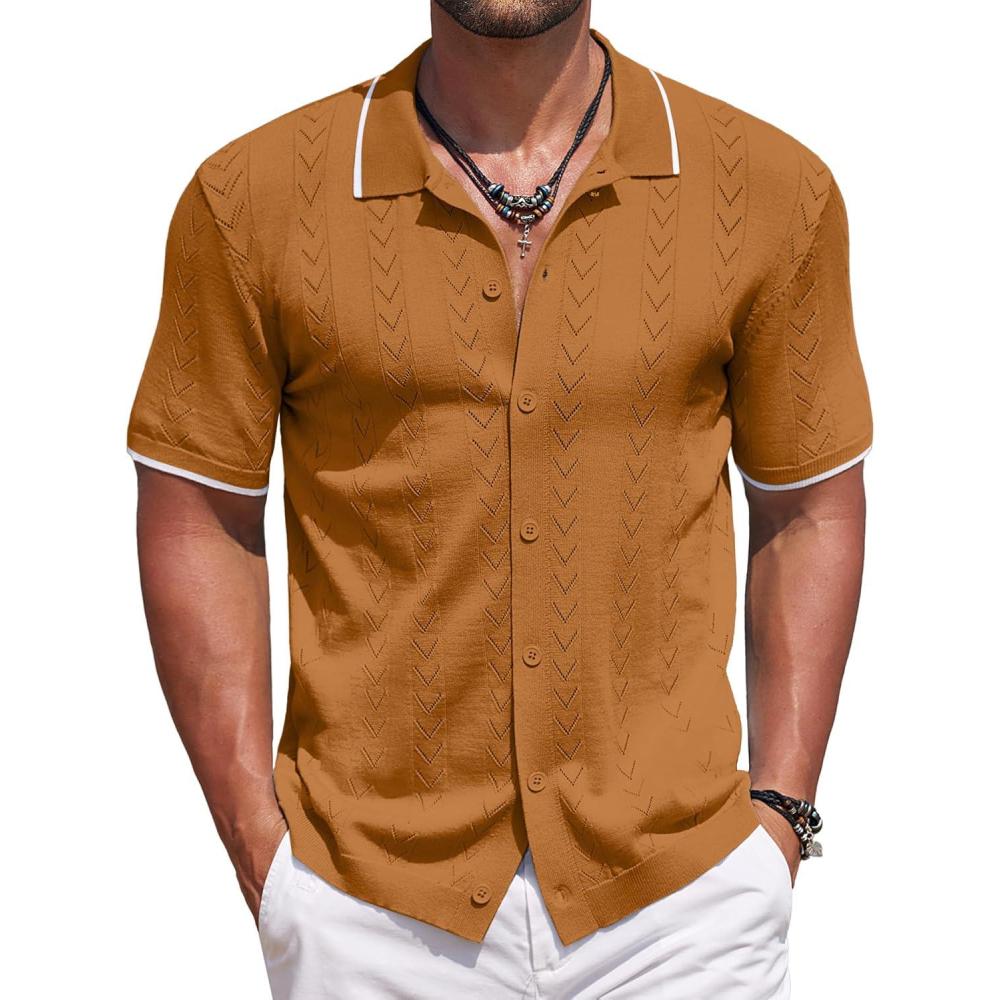 imageCOOFANDY Mens Knit Polo Shirts Button Down Short Sleeve Shirt Summer Casual Beach Vacation TopsLight Brown