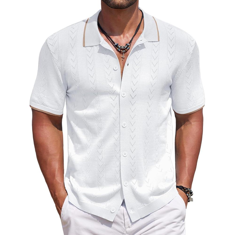 imageCOOFANDY Mens Knit Polo Shirts Button Down Short Sleeve Shirt Summer Casual Beach Vacation TopsWhite