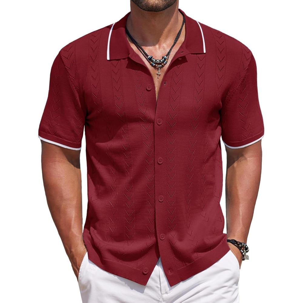 imageCOOFANDY Mens Knit Polo Shirts Button Down Short Sleeve Shirt Summer Casual Beach Vacation TopsWine Red