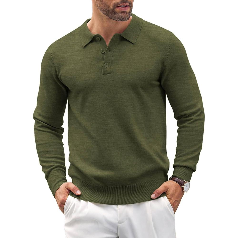 imageCOOFANDY Mens Knit Polo Shirts Casual Long Sleeve Classic Polo Shirts Button Down Golf ShirtsArmy Green