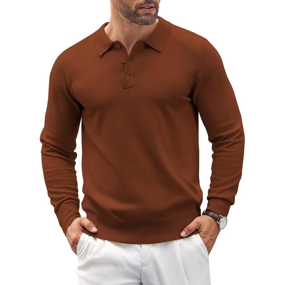 imageCOOFANDY Mens Knit Polo Shirts Casual Long Sleeve Classic Polo Shirts Button Down Golf ShirtsBrown
