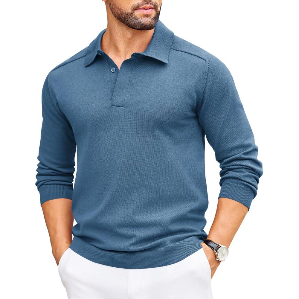 imageCOOFANDY Mens Knit Polo Shirts Casual Long Sleeve Classic Polo Shirts Button Down Golf ShirtsDark Blue