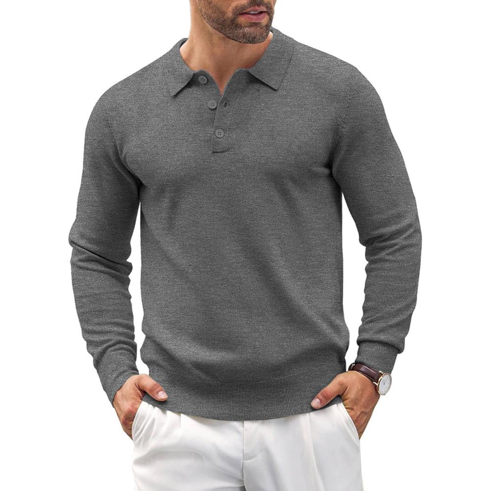 imageCOOFANDY Mens Knit Polo Shirts Casual Long Sleeve Classic Polo Shirts Button Down Golf ShirtsDark Grey