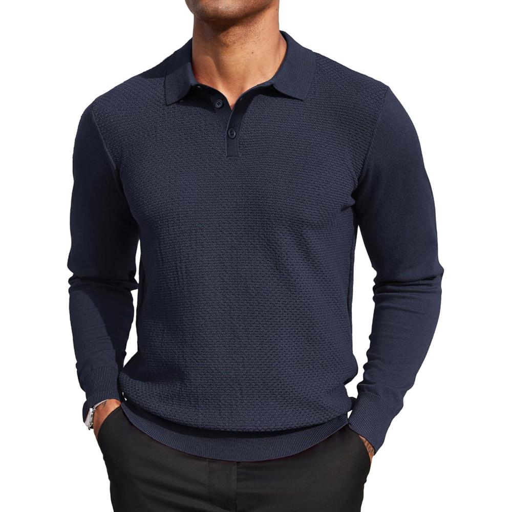 imageCOOFANDY Mens Knit Polo Shirts Casual Long Sleeve Classic Polo Shirts Button Down Golf ShirtsDark Navy Blue