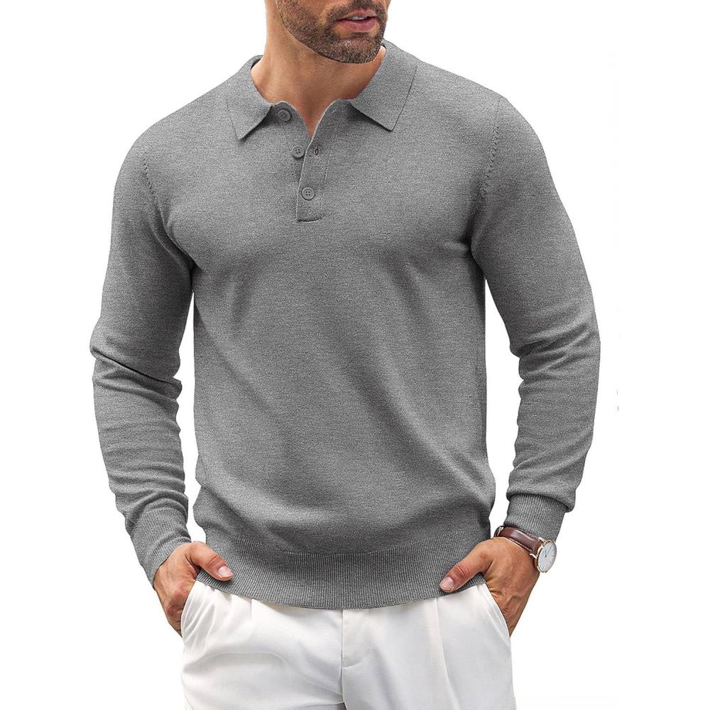 imageCOOFANDY Mens Knit Polo Shirts Casual Long Sleeve Classic Polo Shirts Button Down Golf ShirtsGrey