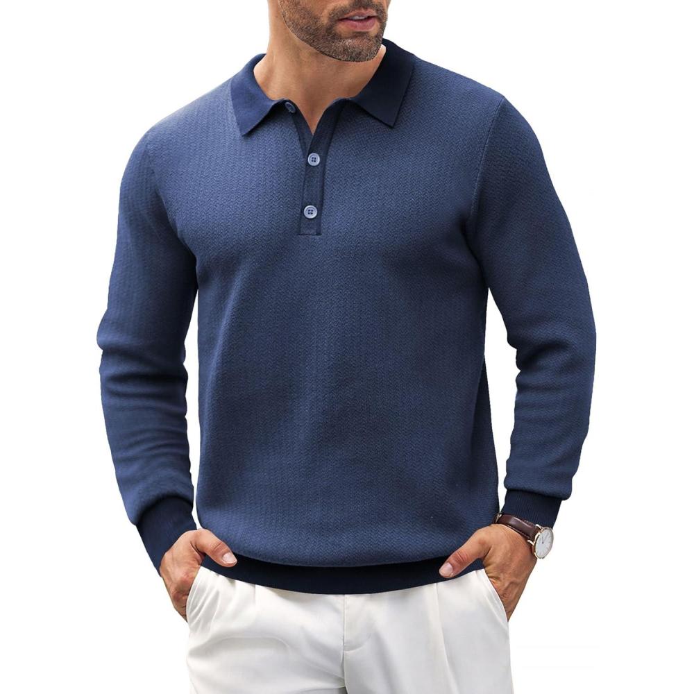 imageCOOFANDY Mens Knit Polo Shirts Casual Long Sleeve Classic Polo Shirts Button Down Golf ShirtsHerringbone Blue