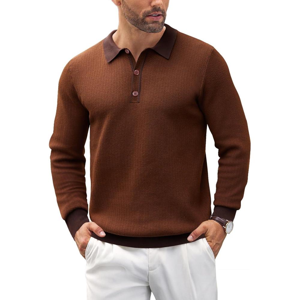imageCOOFANDY Mens Knit Polo Shirts Casual Long Sleeve Classic Polo Shirts Button Down Golf ShirtsHerringbone Brown