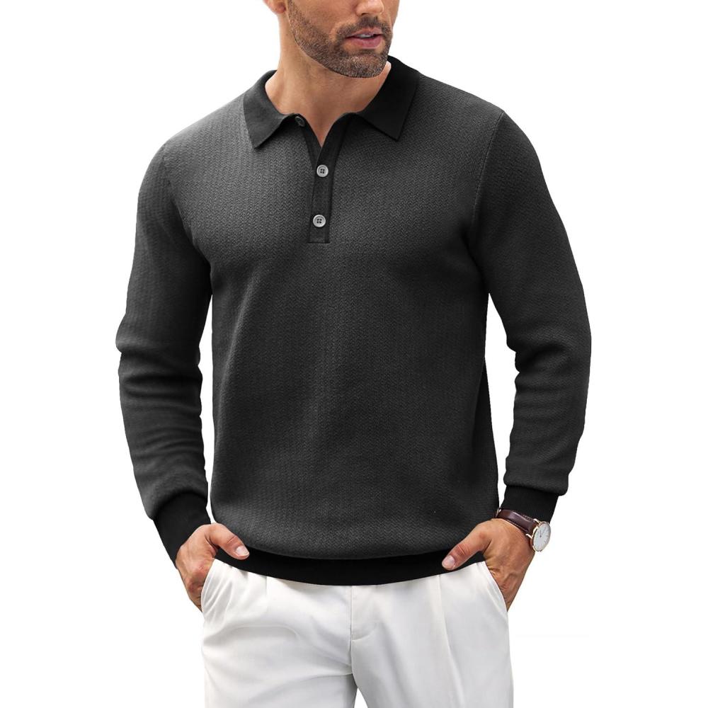 imageCOOFANDY Mens Knit Polo Shirts Casual Long Sleeve Classic Polo Shirts Button Down Golf ShirtsHerringbone Grey