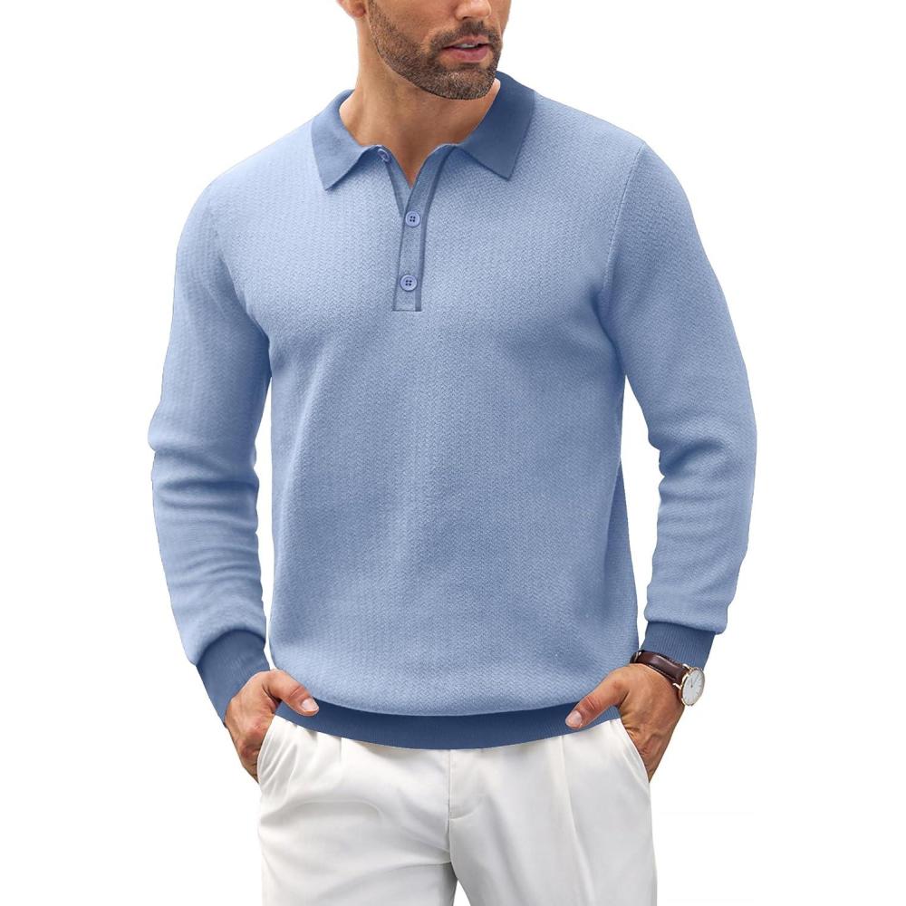 imageCOOFANDY Mens Knit Polo Shirts Casual Long Sleeve Classic Polo Shirts Button Down Golf ShirtsHerringbone Light Blue