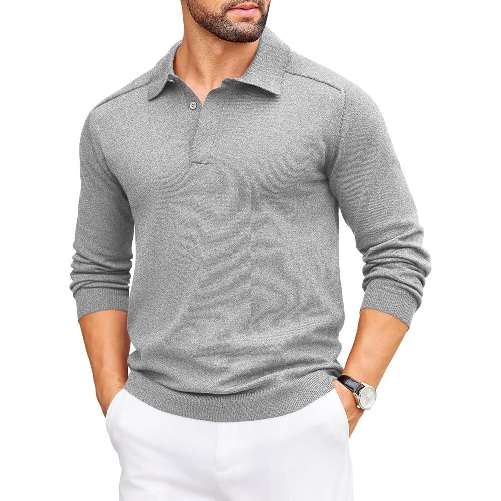 imageCOOFANDY Mens Knit Polo Shirts Casual Long Sleeve Classic Polo Shirts Button Down Golf ShirtsLight Grey