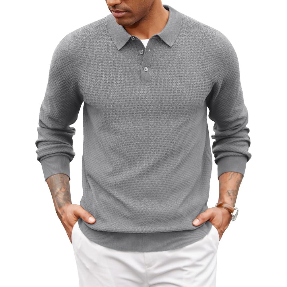 imageCOOFANDY Mens Knit Polo Shirts Casual Long Sleeve Classic Polo Shirts Button Down Golf ShirtsMedium Grey