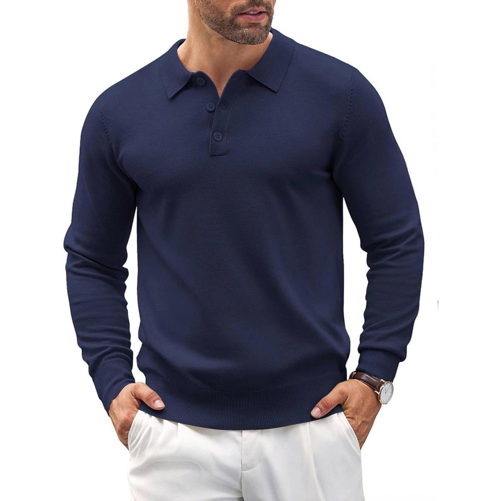 imageCOOFANDY Mens Knit Polo Shirts Casual Long Sleeve Classic Polo Shirts Button Down Golf ShirtsNavy Blue