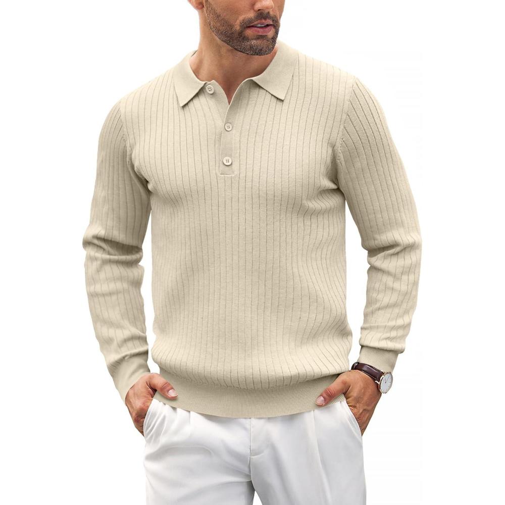 imageCOOFANDY Mens Knit Polo Shirts Casual Long Sleeve Classic Polo Shirts Button Down Golf ShirtsRibbed Cream
