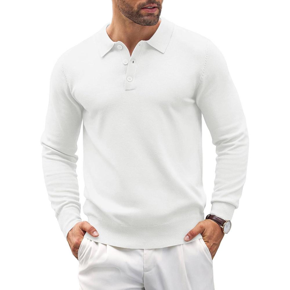 imageCOOFANDY Mens Knit Polo Shirts Casual Long Sleeve Classic Polo Shirts Button Down Golf ShirtsWhite