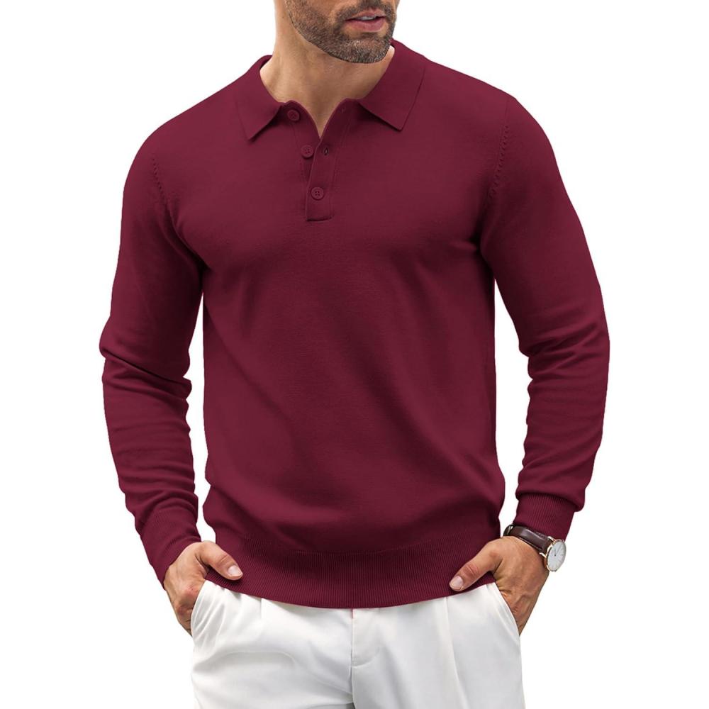 imageCOOFANDY Mens Knit Polo Shirts Casual Long Sleeve Classic Polo Shirts Button Down Golf ShirtsWine Red