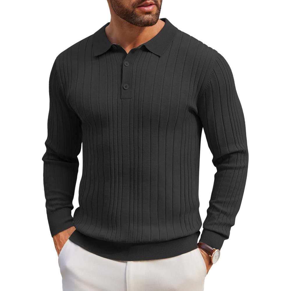 imageCOOFANDY Mens Knit Polo Shirts Casual Long Sleeve Polo Sweater Button Down Collared Golf Shirts Black