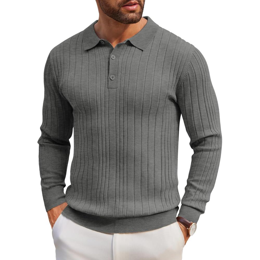 imageCOOFANDY Mens Knit Polo Shirts Casual Long Sleeve Polo Sweater Button Down Collared Golf Shirts Dark Grey