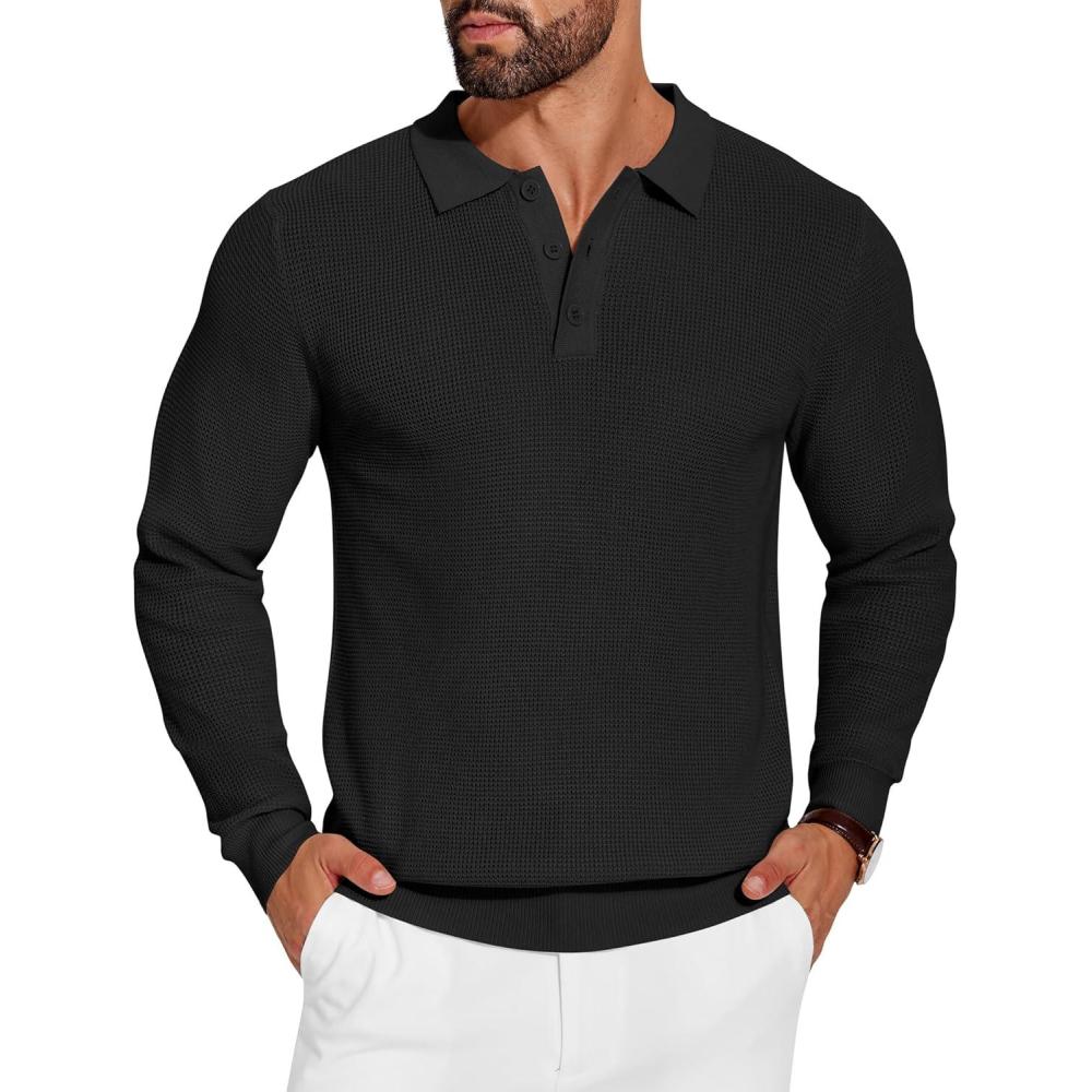 imageCOOFANDY Mens Knit Polo Shirts Long Sleeve Casual Polo Sweaters Shirt Waffle Textured Collared Sweater01black
