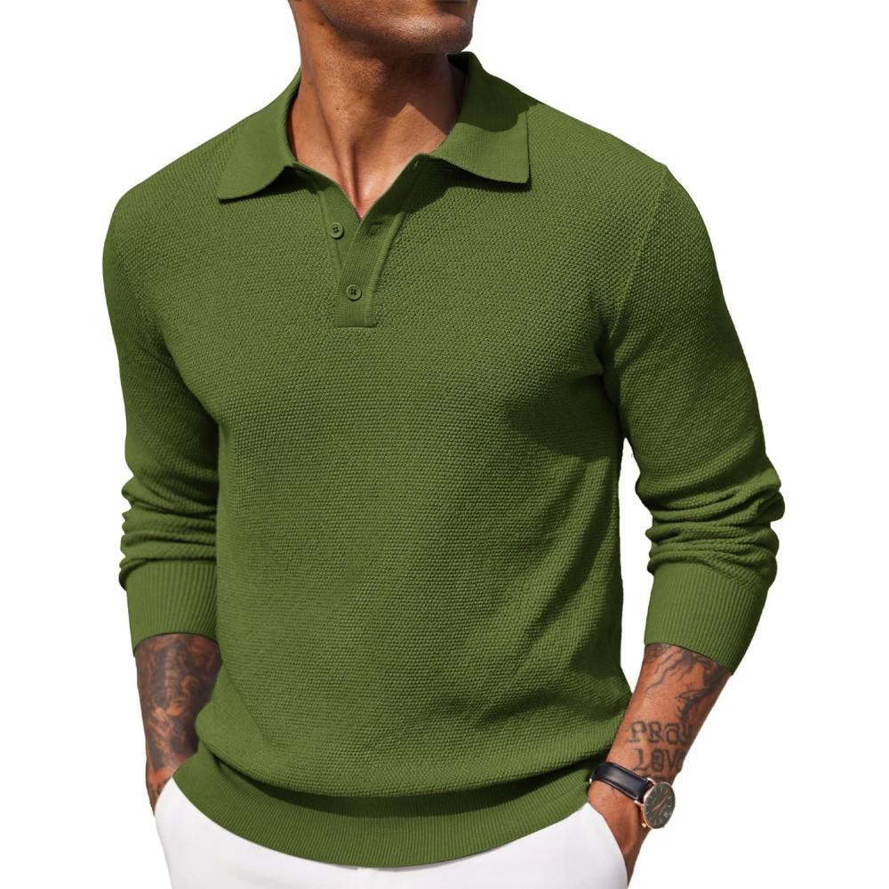 imageCOOFANDY Mens Knit Polo Shirts Long Sleeve Casual Polo Sweaters Shirt Waffle Textured Collared SweaterArmy Green