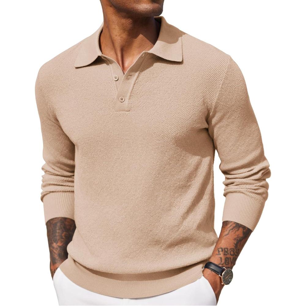 imageCOOFANDY Mens Knit Polo Shirts Long Sleeve Casual Polo Sweaters Shirt Waffle Textured Collared SweaterBeige
