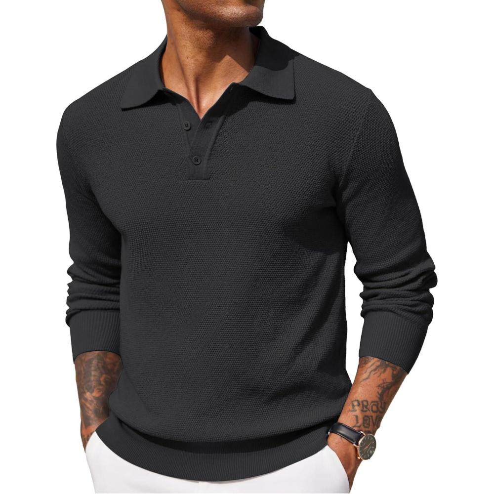 imageCOOFANDY Mens Knit Polo Shirts Long Sleeve Casual Polo Sweaters Shirt Waffle Textured Collared SweaterBlack