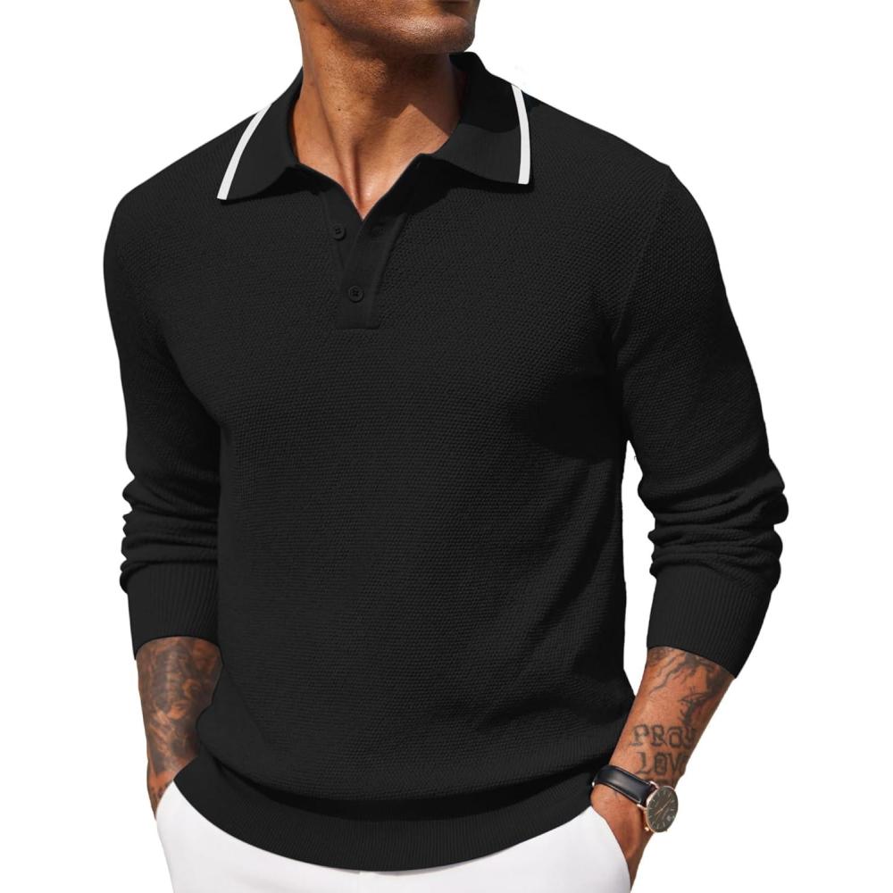 imageCOOFANDY Mens Knit Polo Shirts Long Sleeve Casual Polo Sweaters Shirt Waffle Textured Collared SweaterBlack White Striped1
