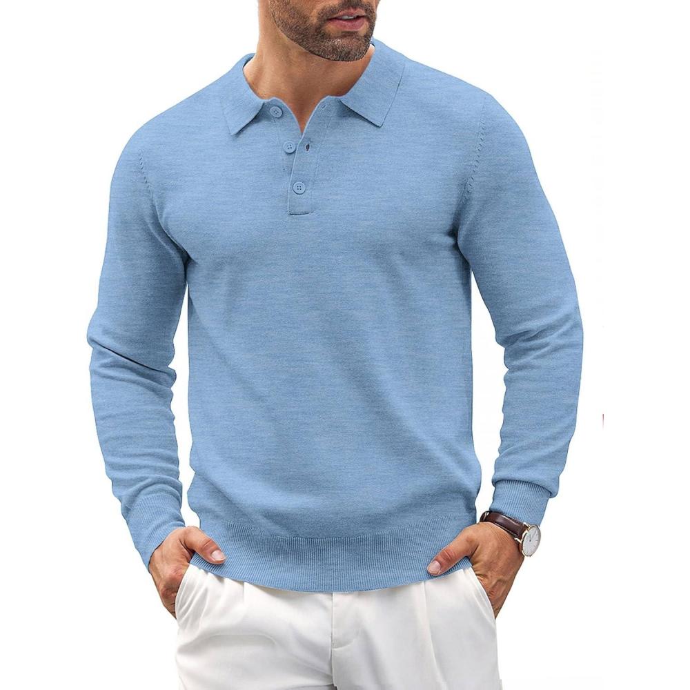 imageCOOFANDY Mens Knit Polo Shirts Long Sleeve Casual Polo Sweaters Shirt Waffle Textured Collared SweaterBlue