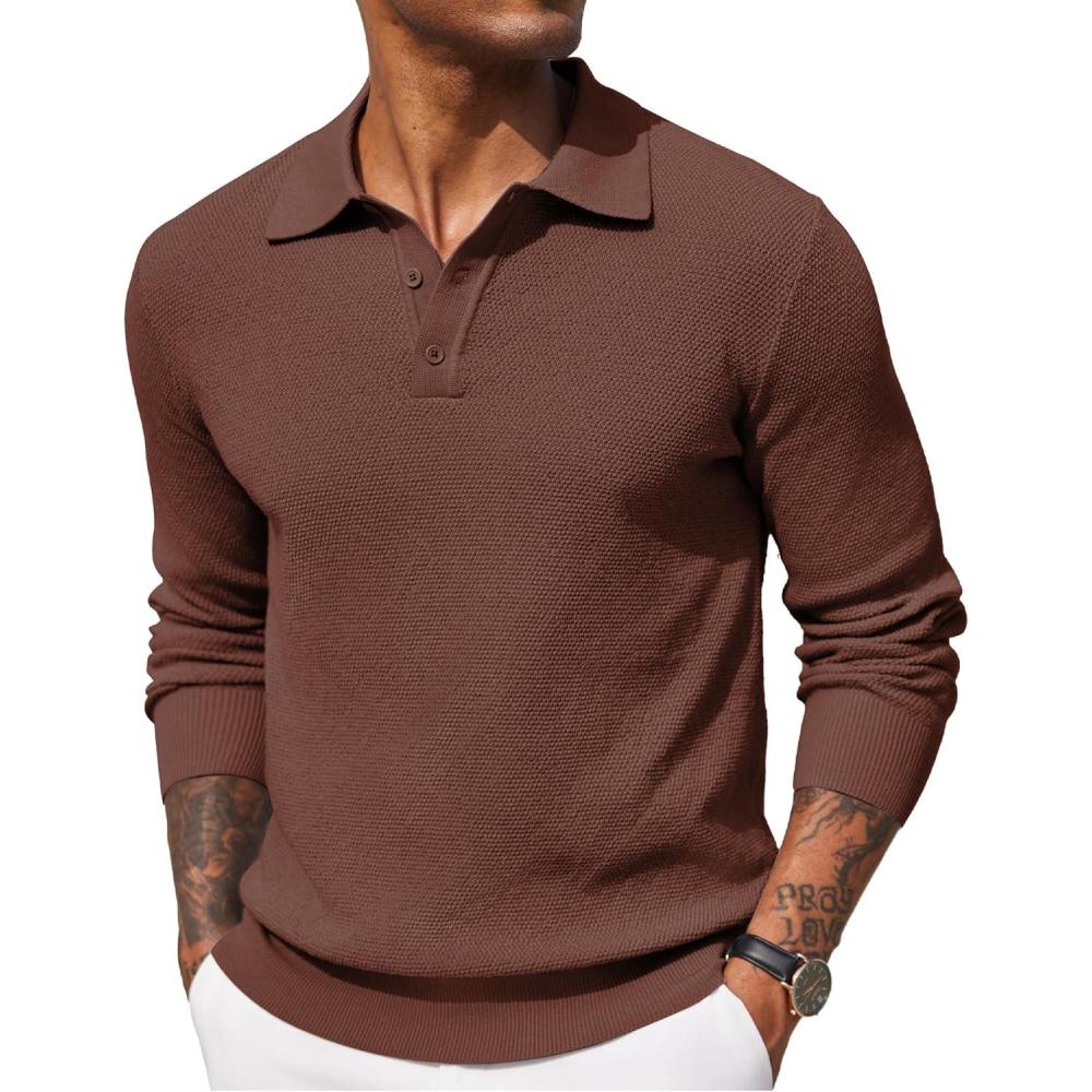 imageCOOFANDY Mens Knit Polo Shirts Long Sleeve Casual Polo Sweaters Shirt Waffle Textured Collared SweaterBrown