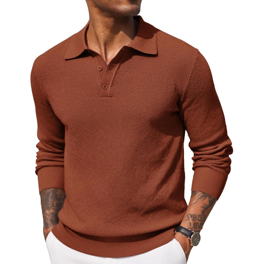 imageCOOFANDY Mens Knit Polo Shirts Long Sleeve Casual Polo Sweaters Shirt Waffle Textured Collared SweaterCaramel