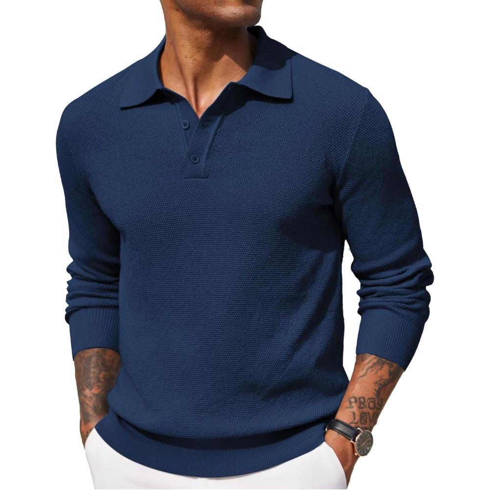 imageCOOFANDY Mens Knit Polo Shirts Long Sleeve Casual Polo Sweaters Shirt Waffle Textured Collared SweaterDark Blue
