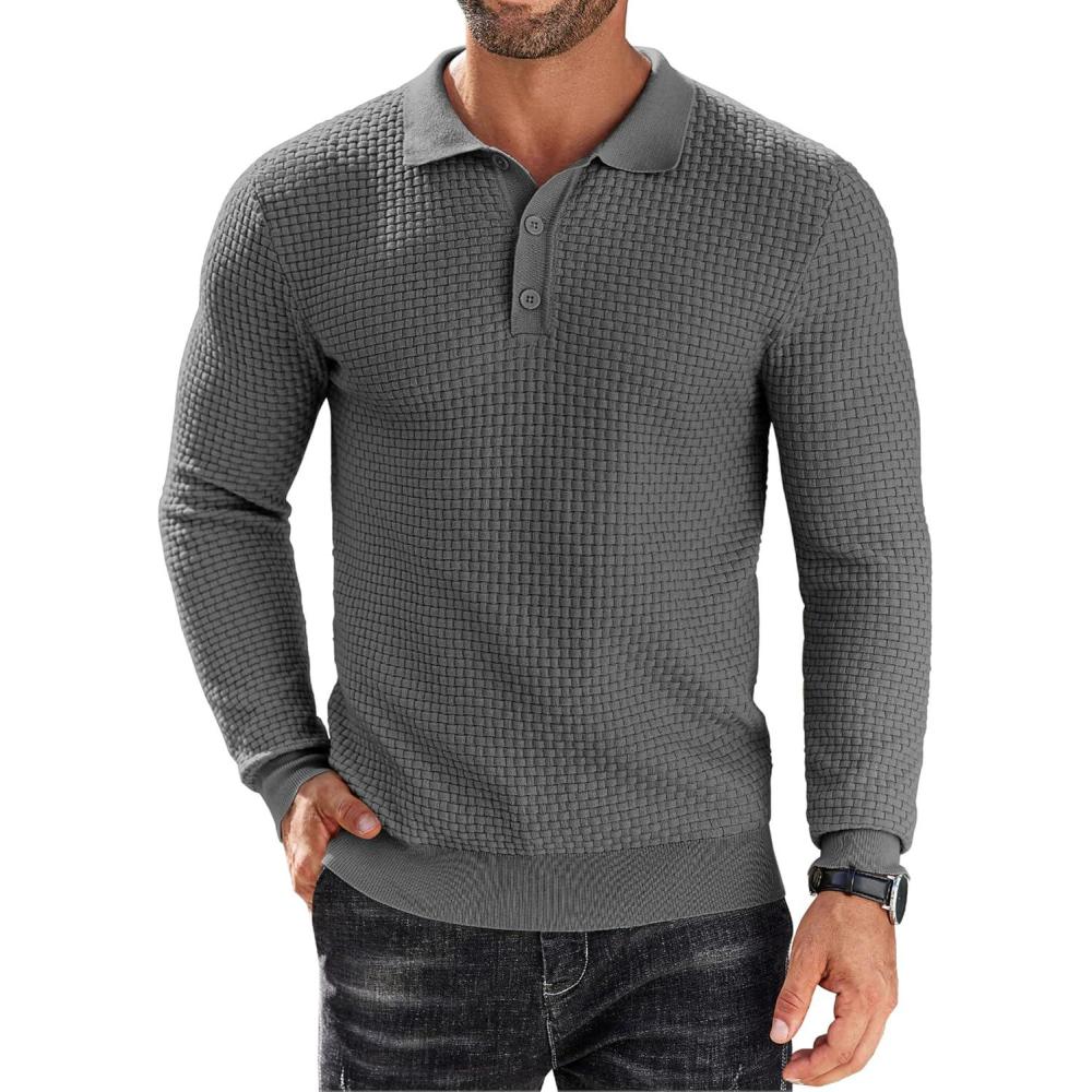 imageCOOFANDY Mens Knit Polo Shirts Long Sleeve Casual Polo Sweaters Shirt Waffle Textured Collared SweaterDark Grey