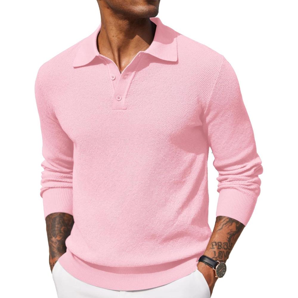 imageCOOFANDY Mens Knit Polo Shirts Long Sleeve Casual Polo Sweaters Shirt Waffle Textured Collared SweaterDark Pink