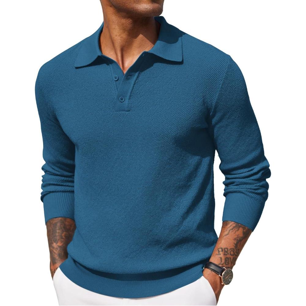 imageCOOFANDY Mens Knit Polo Shirts Long Sleeve Casual Polo Sweaters Shirt Waffle Textured Collared SweaterDeep Blue