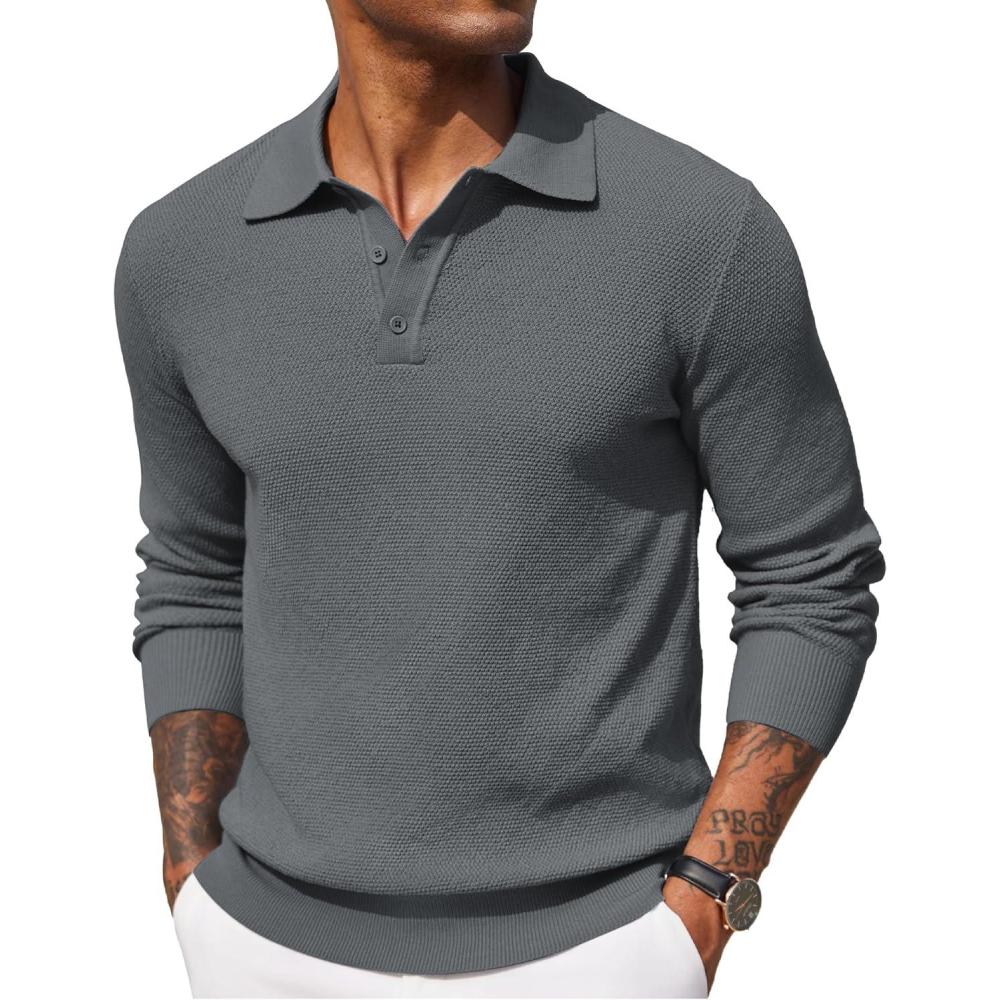 imageCOOFANDY Mens Knit Polo Shirts Long Sleeve Casual Polo Sweaters Shirt Waffle Textured Collared SweaterDeep Grey