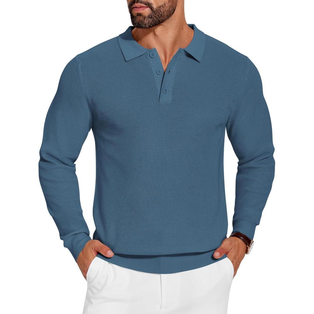 imageCOOFANDY Mens Knit Polo Shirts Long Sleeve Casual Polo Sweaters Shirt Waffle Textured Collared SweaterDenim Blue